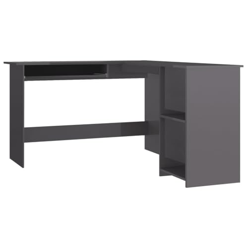 L-Shaped Corner Desk High Gloss Gray with Sliding Keyboard Tray and Shelves L661680