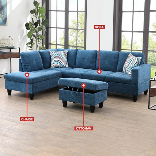 Modern 3-Piece L-Shaped Fabric Couch with Chaise and Storage Ottoman F09915A (Red) N440