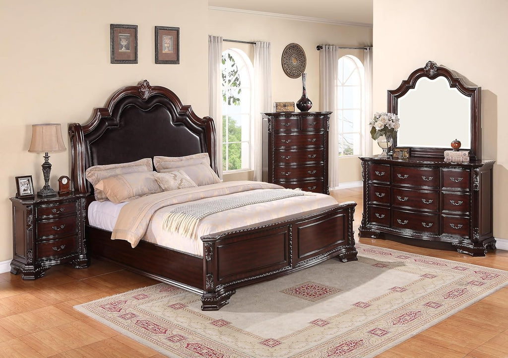 Traditional 3pc King Size Faux Leather Panel Bed with 2 Nightstands Cherry Finish C718221