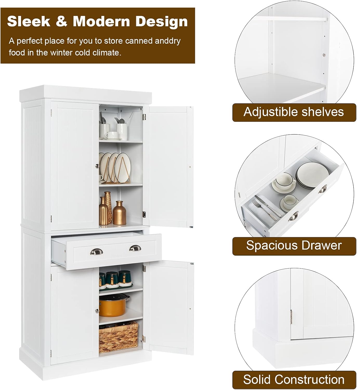 Freestanding Kitchen Pantry Cabinet with Doors and Shelves, White E981785
