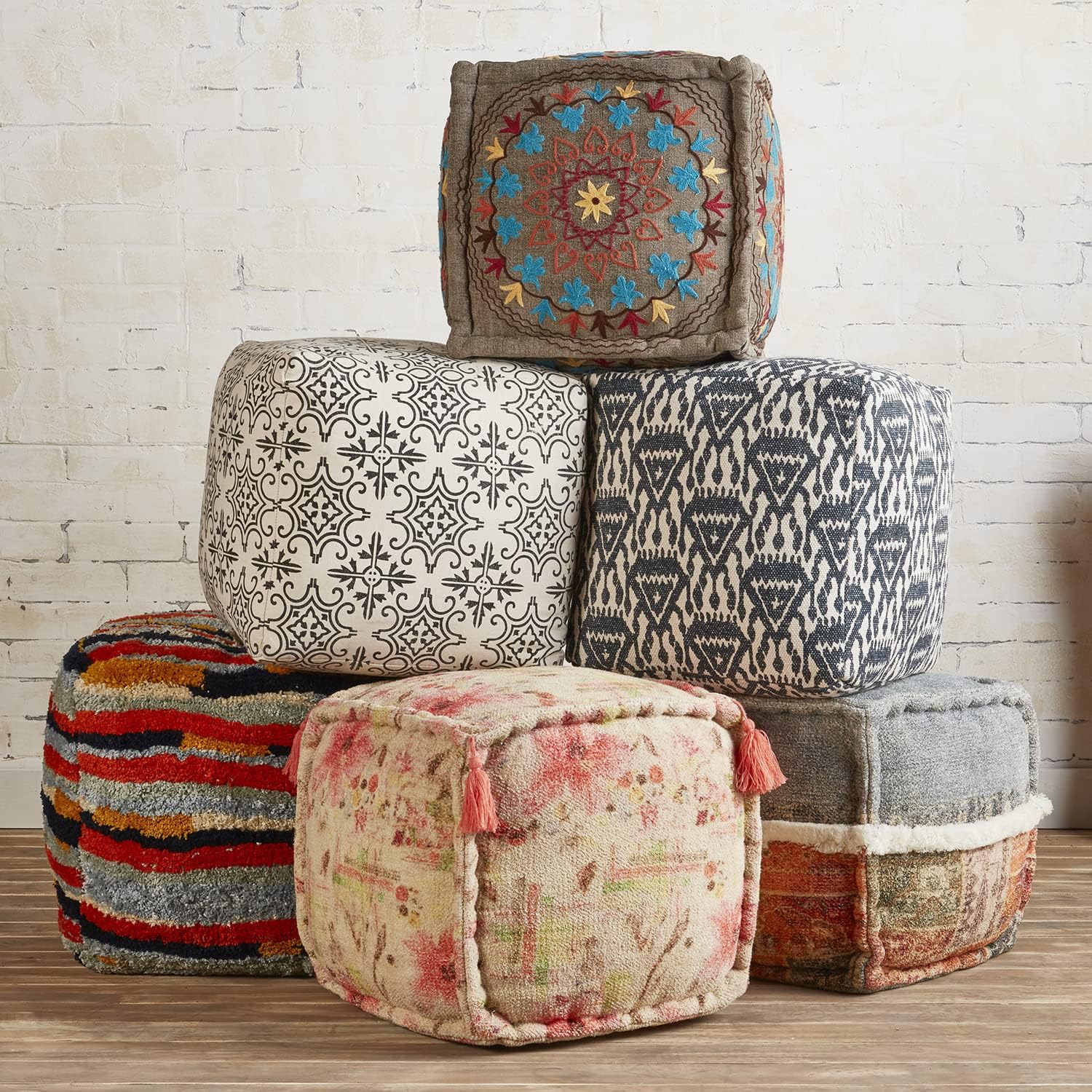 47th & Main Square Boho Tasseled Fabric Foot Stool Ottoman Pouf, 16" x 16" Y832