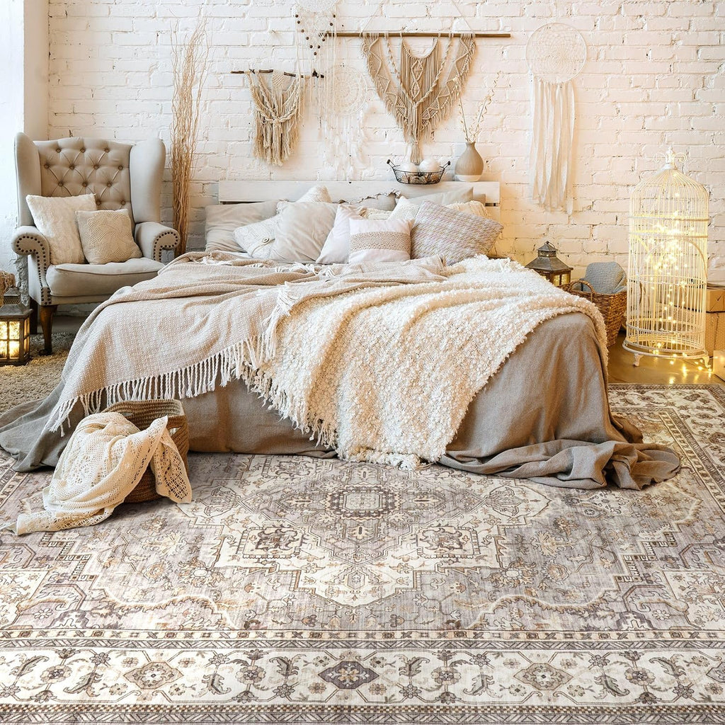 Washable Area Rug 8x10 Neutral Vintage Floral for Living Room X83094
