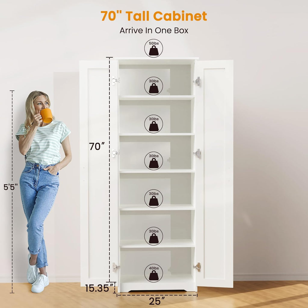 Tall Storage Pantry Cabinet with 2 Doors and 6 Shelves, White V963147