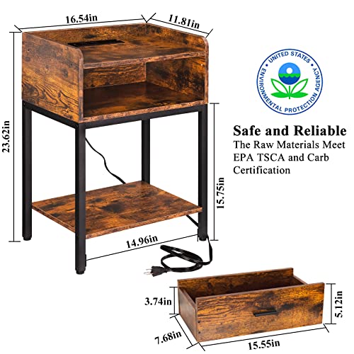Lerliuo Nightstands Set of 2 with Charging Station, 3-Tier End Side Table with Storage Drawer, Oak Grey M155