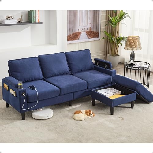 OUYESSIR L Shape Sectional Sofa Couch, 78" Linen 3 Seat Couch with Movable Storage Ottoman & USB Port, Modern Futon Small Convertible Modular Sofa Set for Living Room Office Apartment, Beige