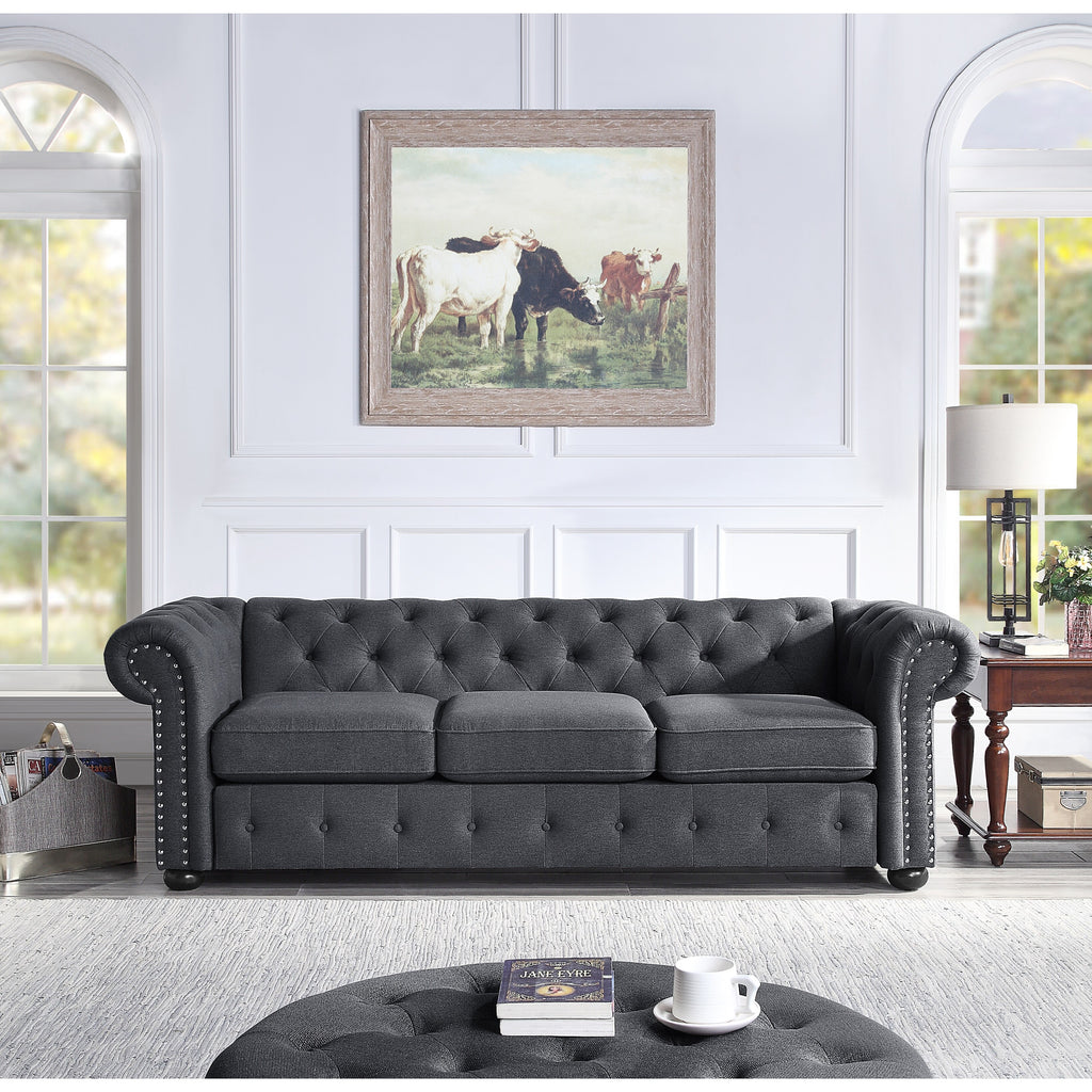 Corvus Aleksis Tufted Chesterfield 3-Seater Sofa with Rolled Arms, Light Grey J109