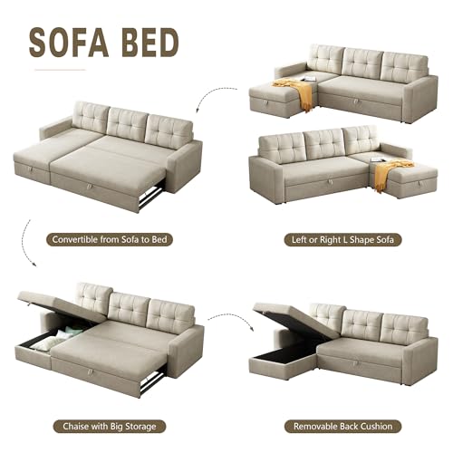 81.5" L-Shape Sleeper Sectional Sofa with Storage Chaise and Pull-Out Bed, Beige Q819814