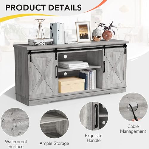 IDEALHOUSE Gray Barn Door TV Stand for 65 Inch TV, Farmhouse Entertainment Center with Storage A40792