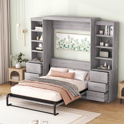 Solid Wood Full Size Murphy Bed with Shelves, Grey-FL4 K329579