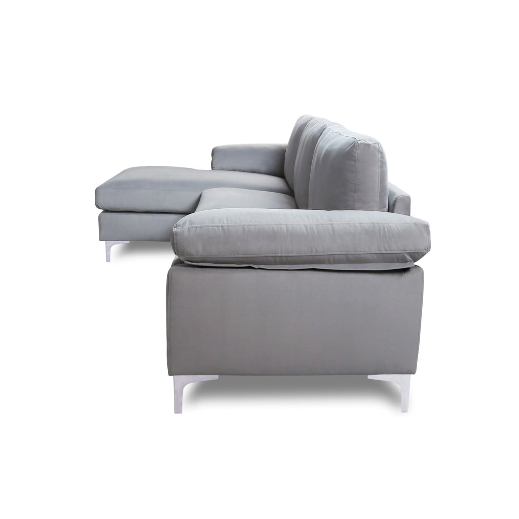 Fooing Modern Velvet L-Shape Sofa with Extra Wide Chaise, Gray M738