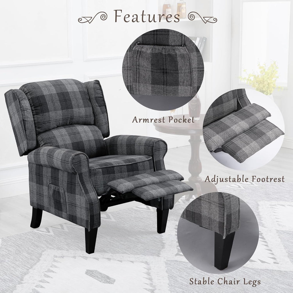 Modern Upholstered Recliner Chair with Footrest, Grey Check I198