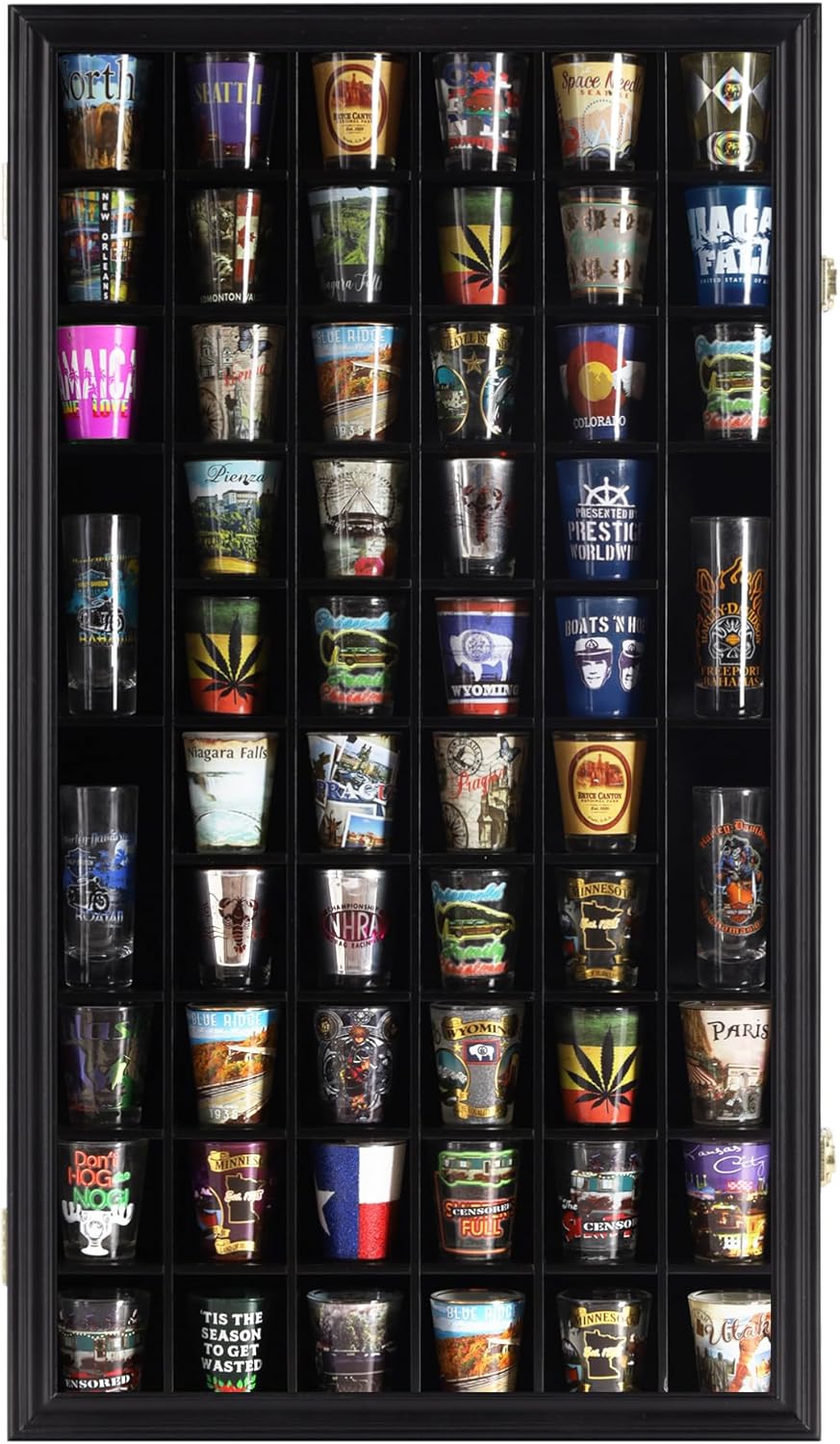 Shot Glass Display Case Cabinet Wall Rack Lockable with UV Protection Acrylic Door 56 Slots Black N174