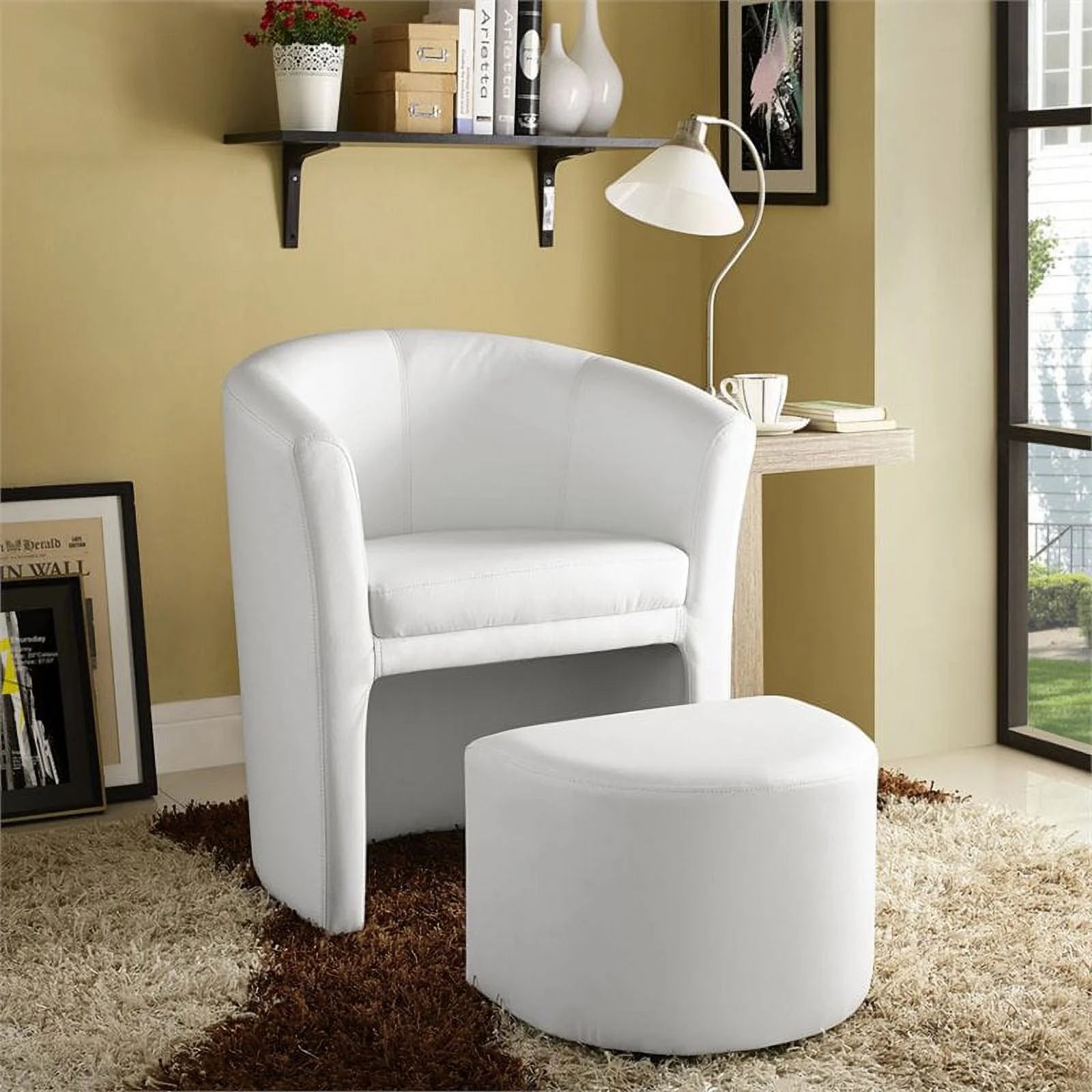 Home Square 2 Piece Faux Leather Accent Chair Set with Ottoman White Z72376