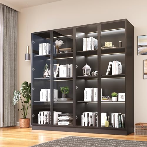 Display Cabinet with Glass Doors & Lights, 3-Tier, 2 Drawers, Black M7708