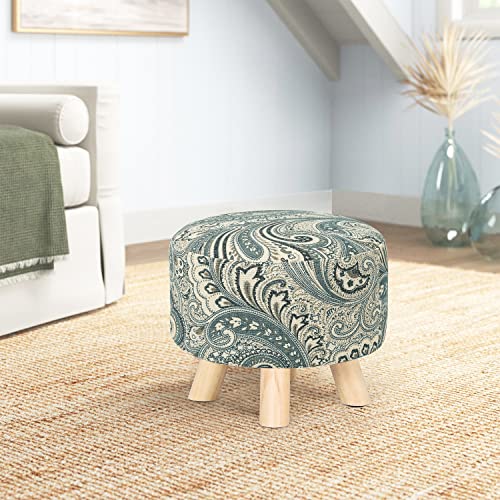 Asense Small Round Ottoman Foot Rest Stool with Wooden Legs, White and Black Linen Q8735