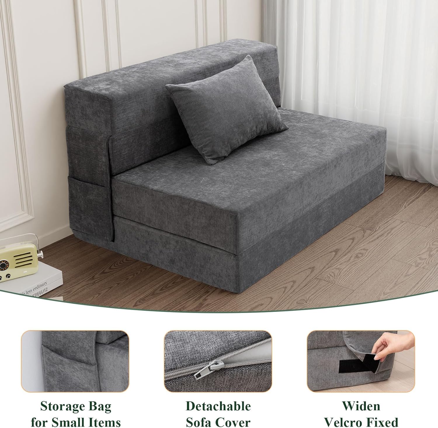 Folding Sofa Bed Convertible Sleeper Chair with Pillow, Gray L576356