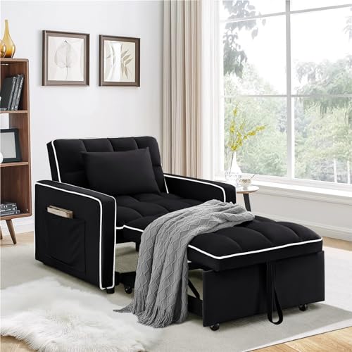 Velvet Tufted 3-in-1 Convertible Sleeper Chair Bed with Adjustable Backrest, Beige L3033