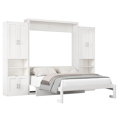 Murphy Bed Queen with 2 Side Cabinet Storage Shelves, USB Port, Foldable Platform Bed Frame, White F219