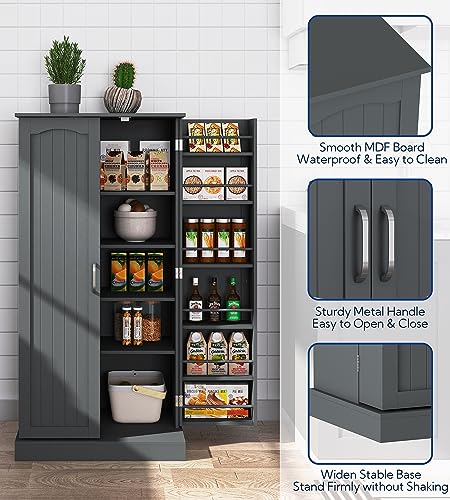 Yusong 72'' Tall Kitchen Pantry Cabinet, Farmhouse Storage Cabinet with 4 Doors and Adjustable Shelf, White Q225142