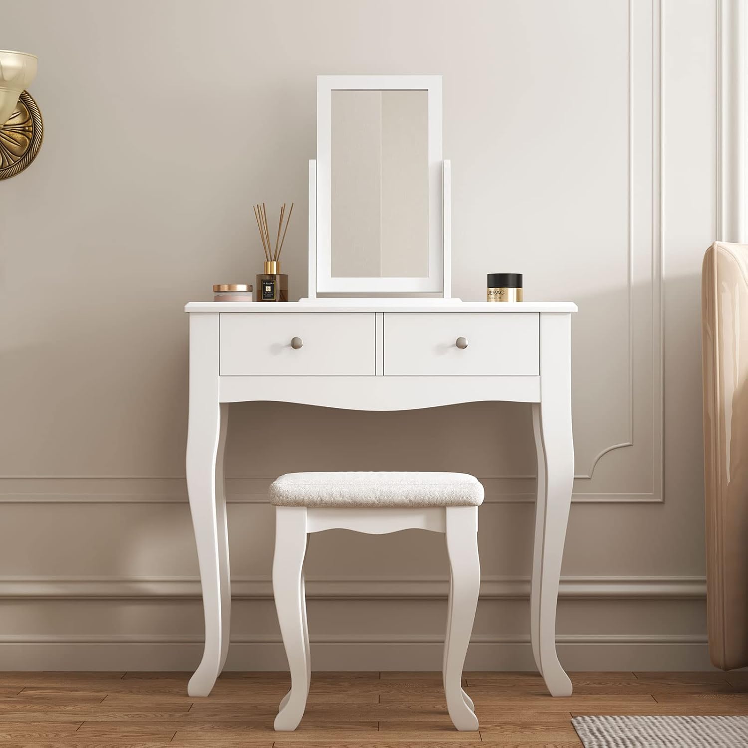 sogesfurniture Vanity Dressing Table Set with Pivoting Mirror and Stool, White X62280