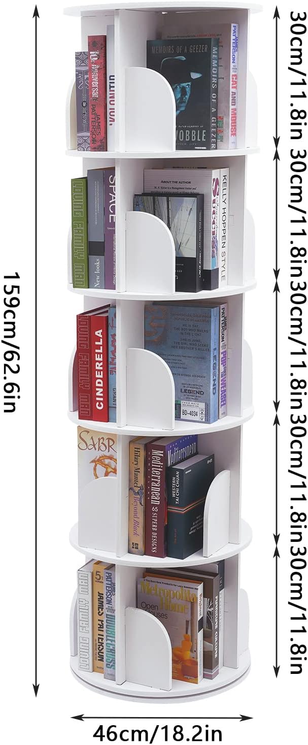 5 Tier 360° Rotating Bookshelf White for Office Home O44889