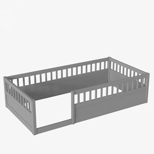 Twin Size Montessori Floor Bed for Kids with High Fence Railings, White R84810