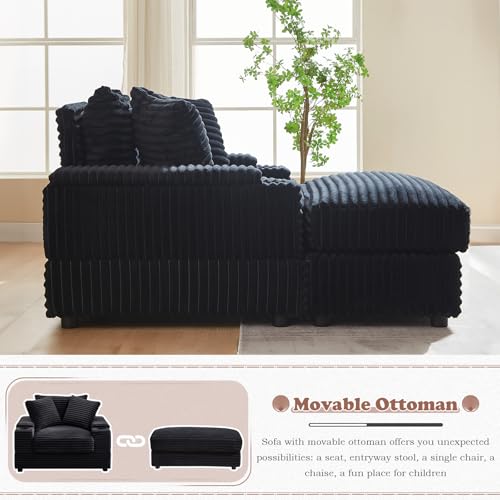 Modern Chaise Longue Indoor 86.6" 3 Seater Corduroy Sofa with Ottoman, Green Z39954