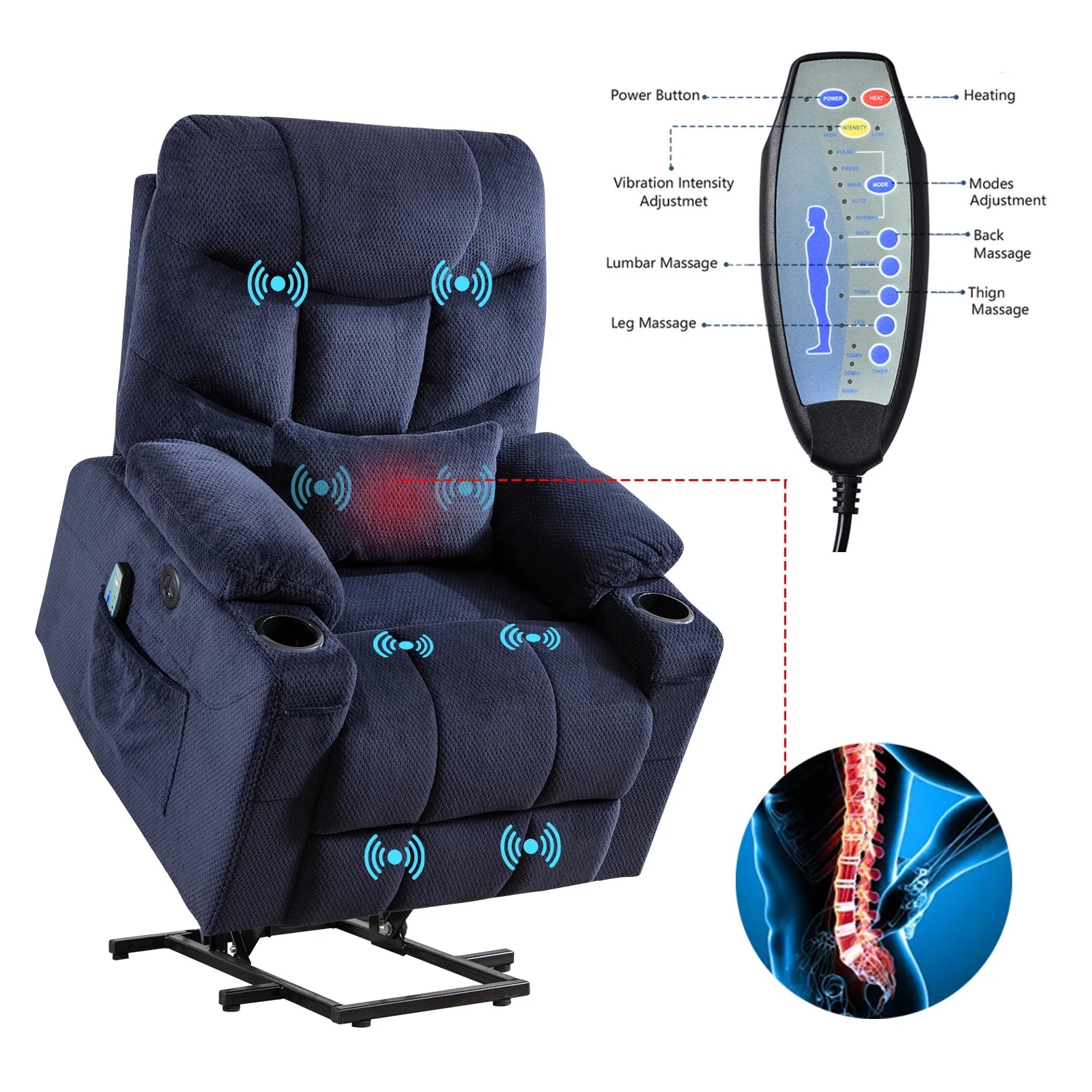 Power Lift Recliner Chair with Vibration Massage & Heat, Blue P788