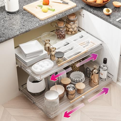 Pull Out Cabinet Organizer, Expandable(20.9"~37.9") Cabinet Drawers Slide Out, Adjustable Width Roll 0ut Shelf Cabinet Organizer for Kitchen Base Cabinet Organization (X-Large, 2Pack)