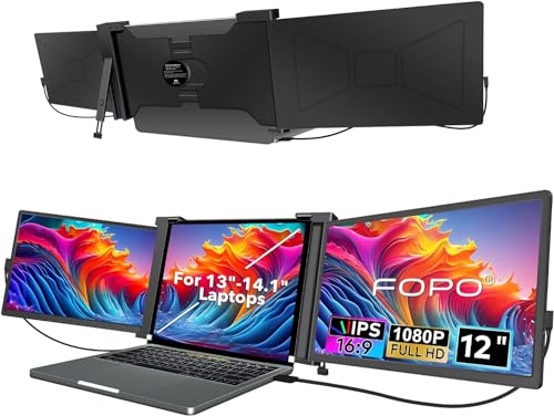 FOPO 12" Triple Laptop Screen Extender Triple Portable Monitor for 13"-14.1" Laptop, FHD 1080P IPS Dual Display, with Type-C/HDMI for Windows/MacOS/Switch -S12