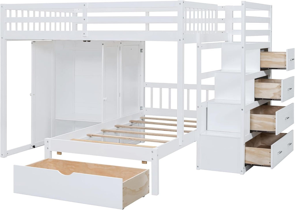 Full Over Twin Wood Bunk Bed with Wardrobe, Staircase and Drawers, White W870118