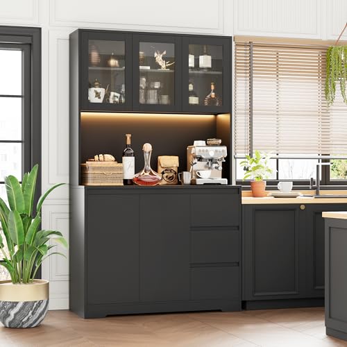 71" Kitchen Pantry Cabinet with LED Lights and Charging Station, Modern Storage and Microwave Stand Q6248