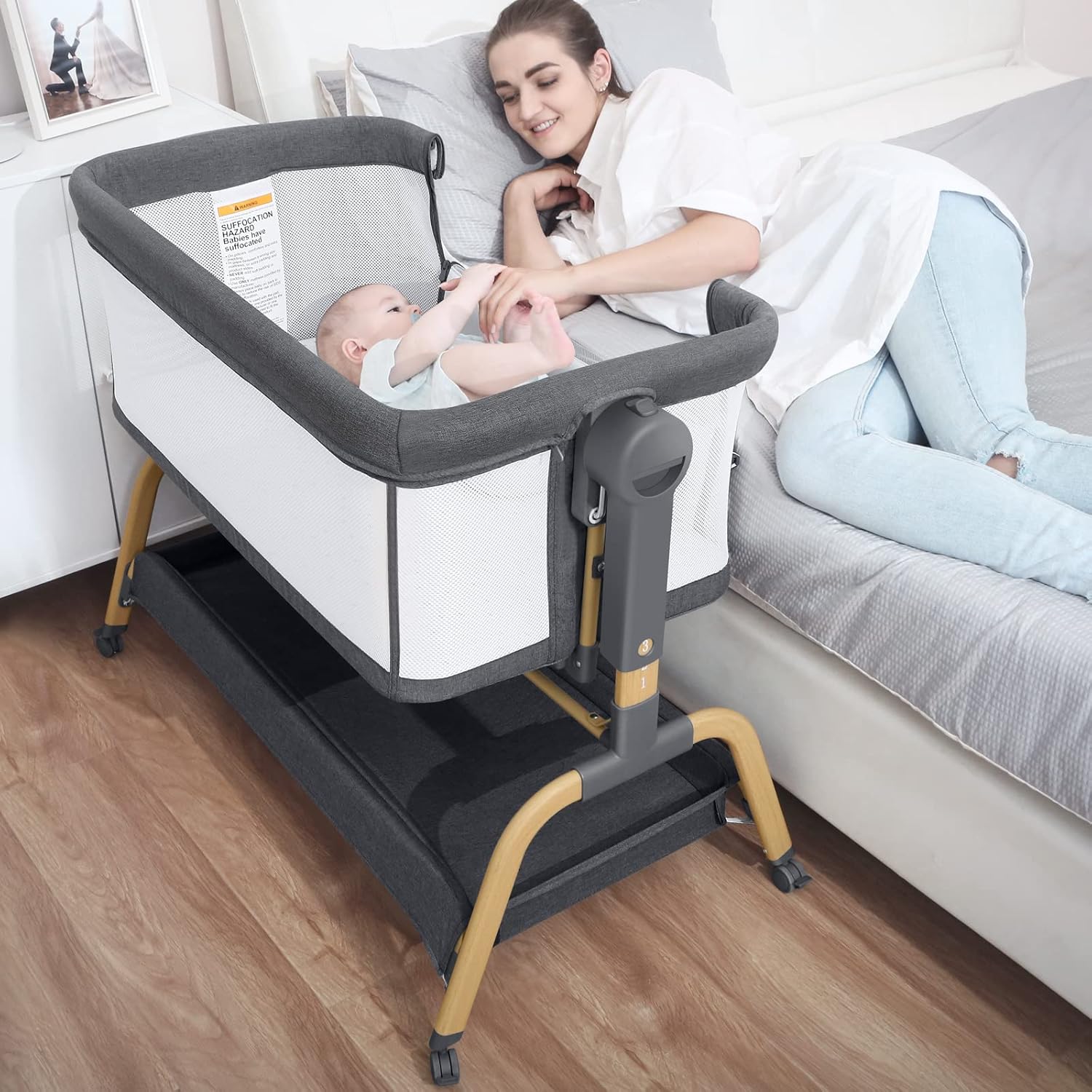 3 in 1 Baby Bassinet with Storage Basket and Wheels, Adjustable Height O351485