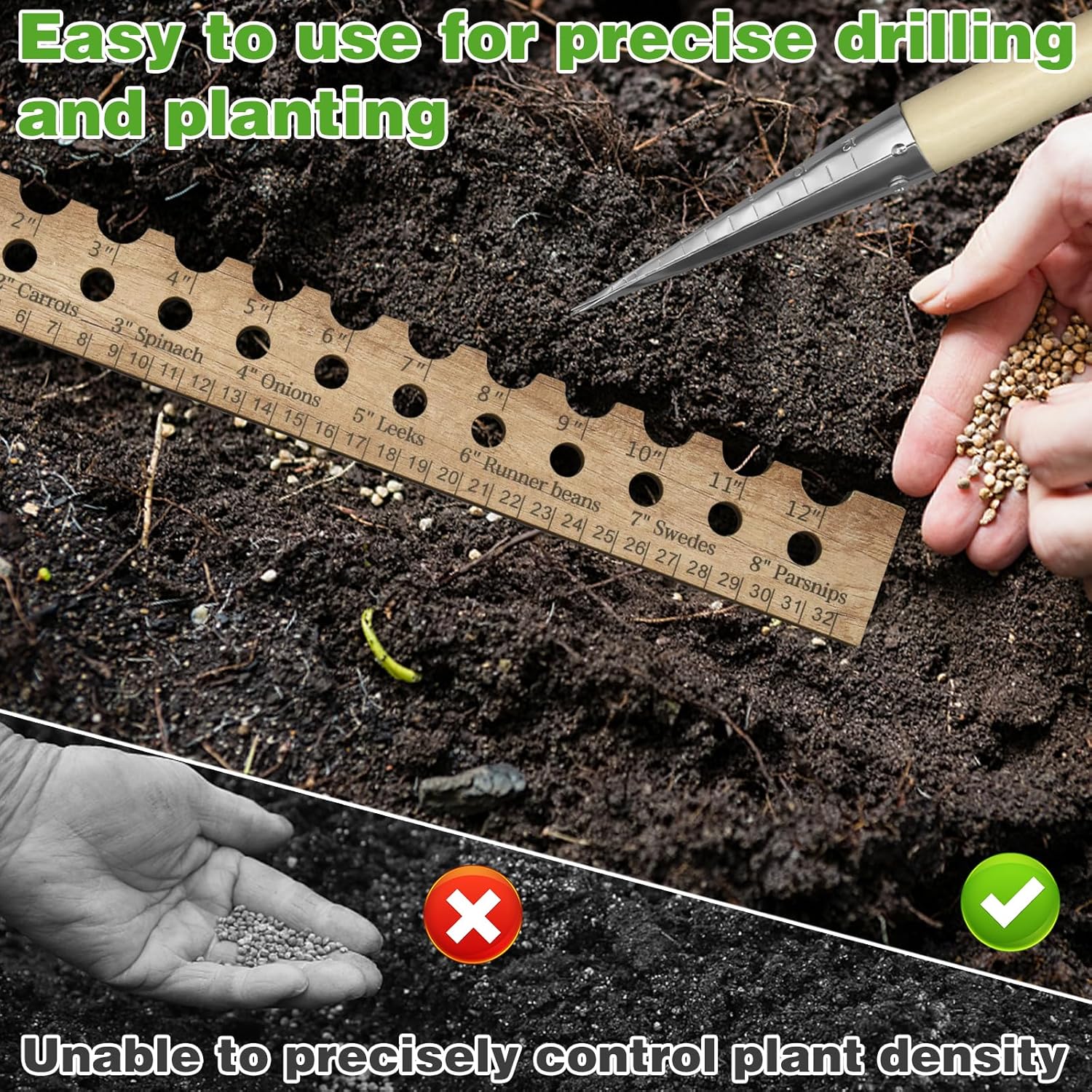 Seed Planter Tool Set with Dibber and Wooden Spacer Ruler A23297