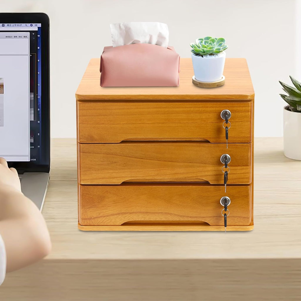 Wooden Desktop Storage Box with Lockable Drawers, File Organizer U4324