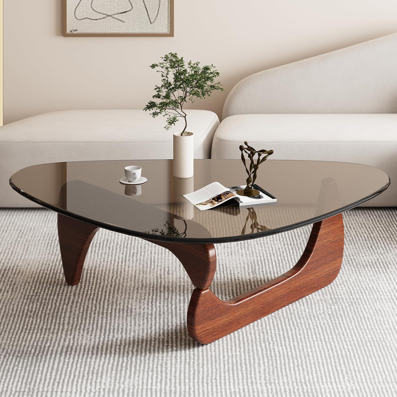 Triangle Glass Coffee Table Mid-Century Modern End Table Solid Wood Base Tempered Glass Top K4701