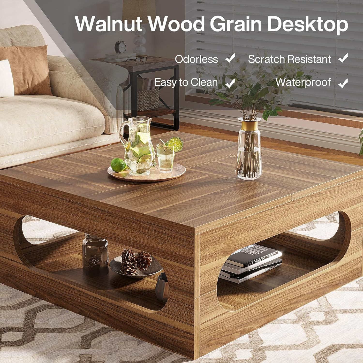 Tribesigns 43-Inch Square Coffee Table with LED Light and Storage, Brown B9843