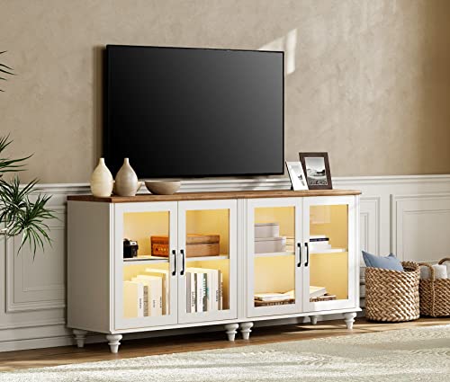 WAMPAT TV Stand for 43 Inch TV with Yellow LED Light, Wood Console Table, Off White I117