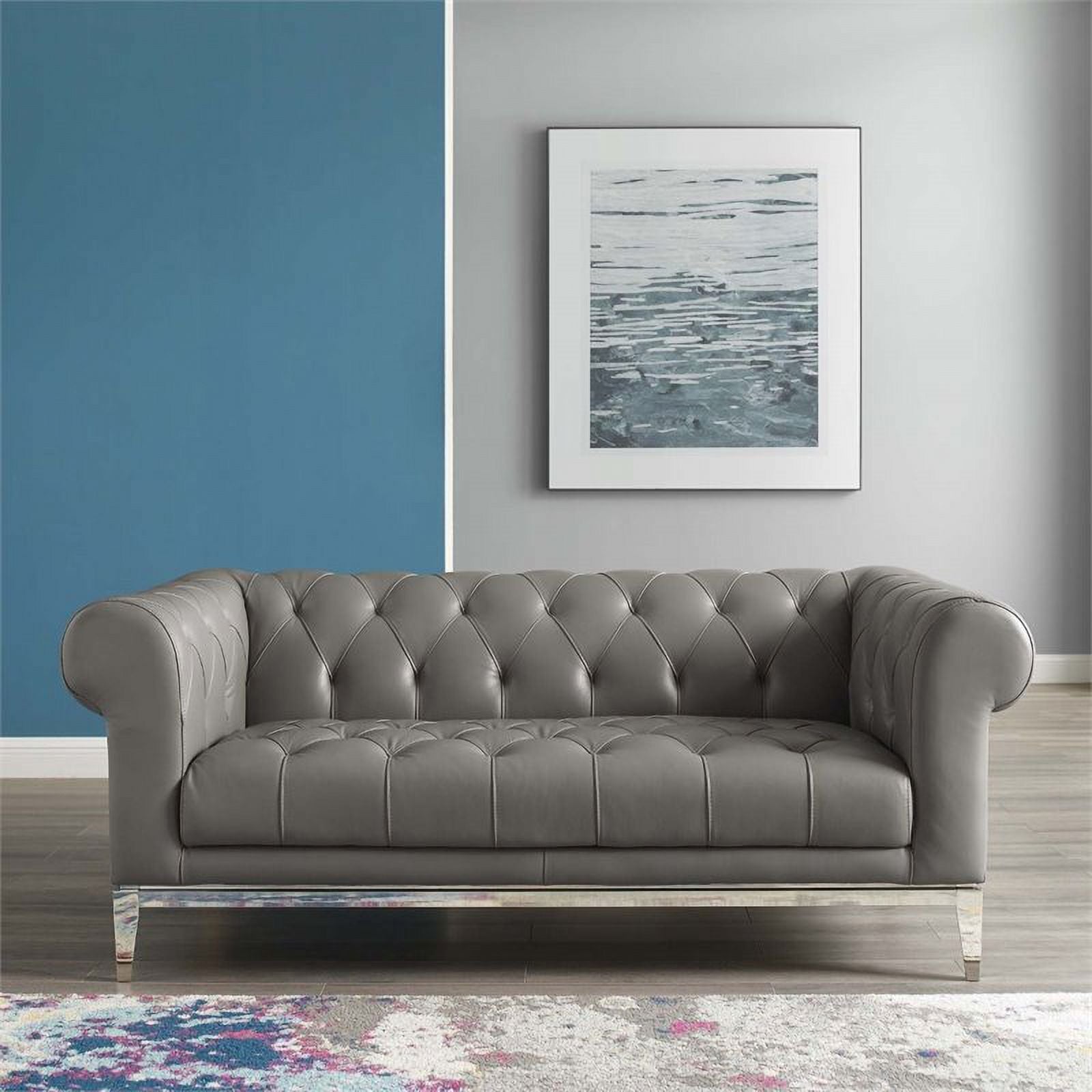 Pemberly Row Leather Button Tufted Chesterfield Loveseat Gray Y896217