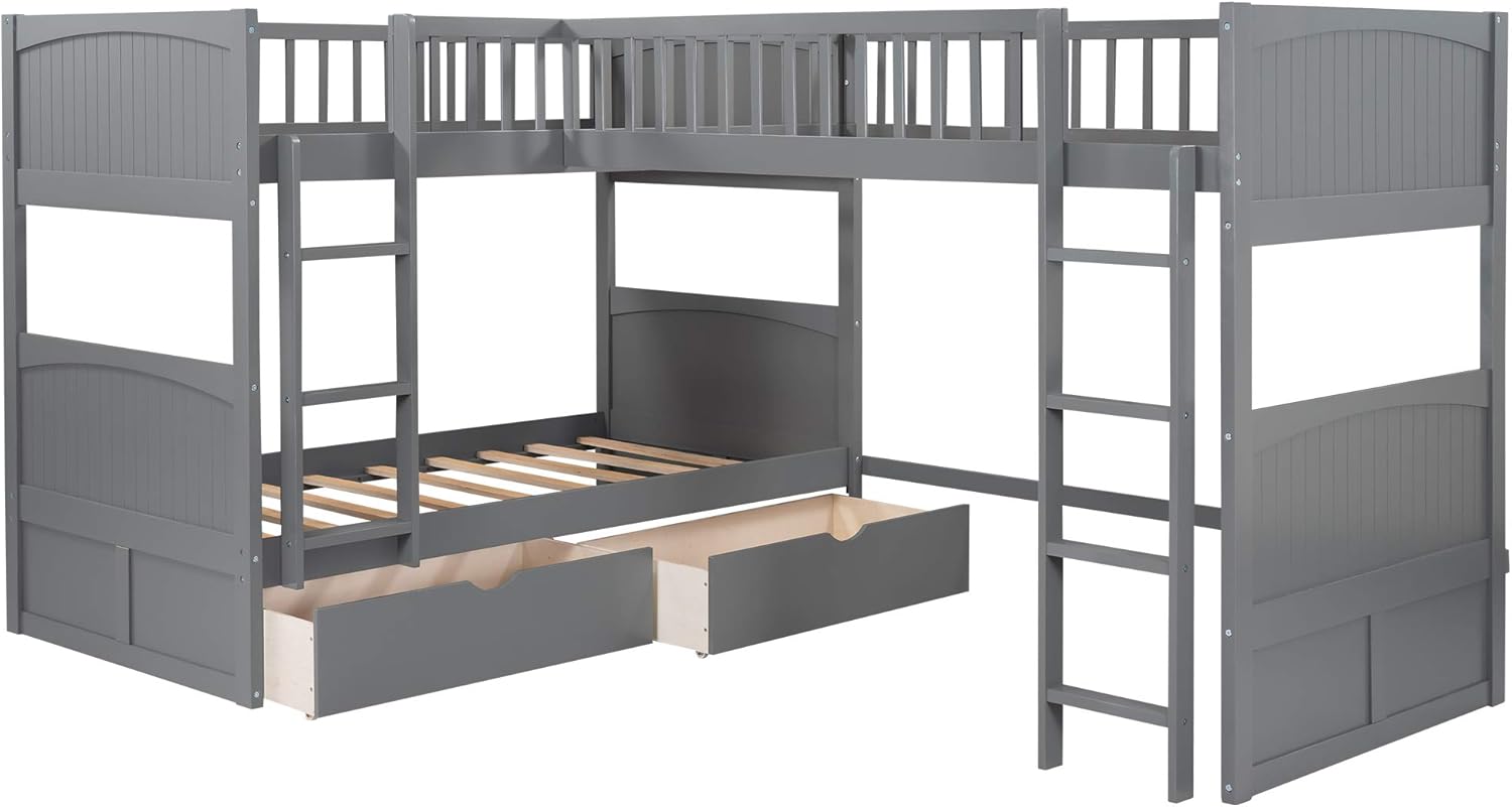 Twin over Twin L-Shaped Triple Bunk Beds with Storage Drawers, Gray Z2907
