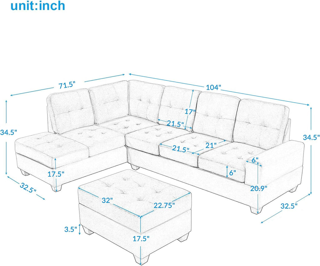 Linen Upholstered L Shaped Sofa Set with Ottoman, Light Gray S90313