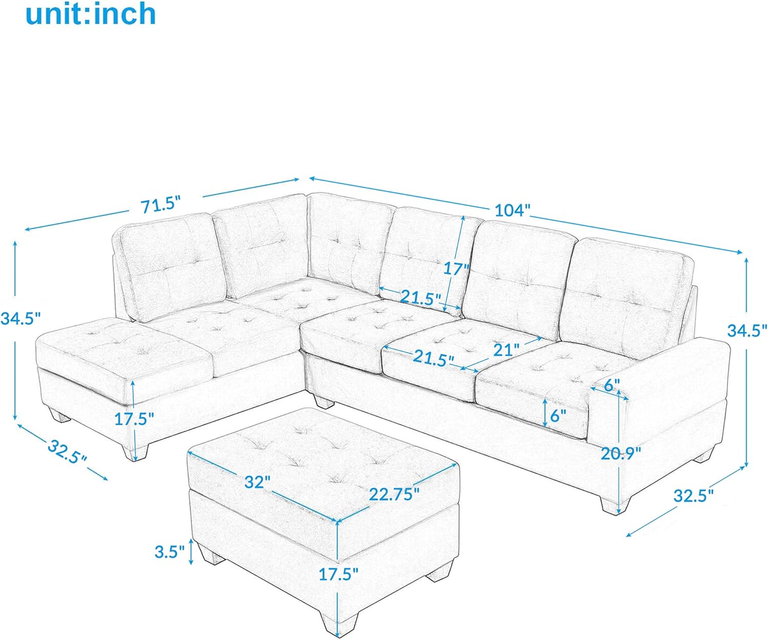 Linen Upholstered L Shaped Sofa Set with Ottoman, Light Gray S90313