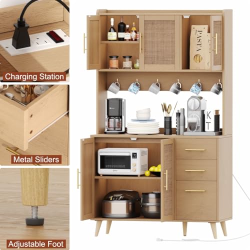 70.9" Kitchen Pantry Cabinet with Microwave Shelf, Rattan Hutch with Charging Station, Tall Floor Cupboard with Drawers and Doors, Black and Natural U6564