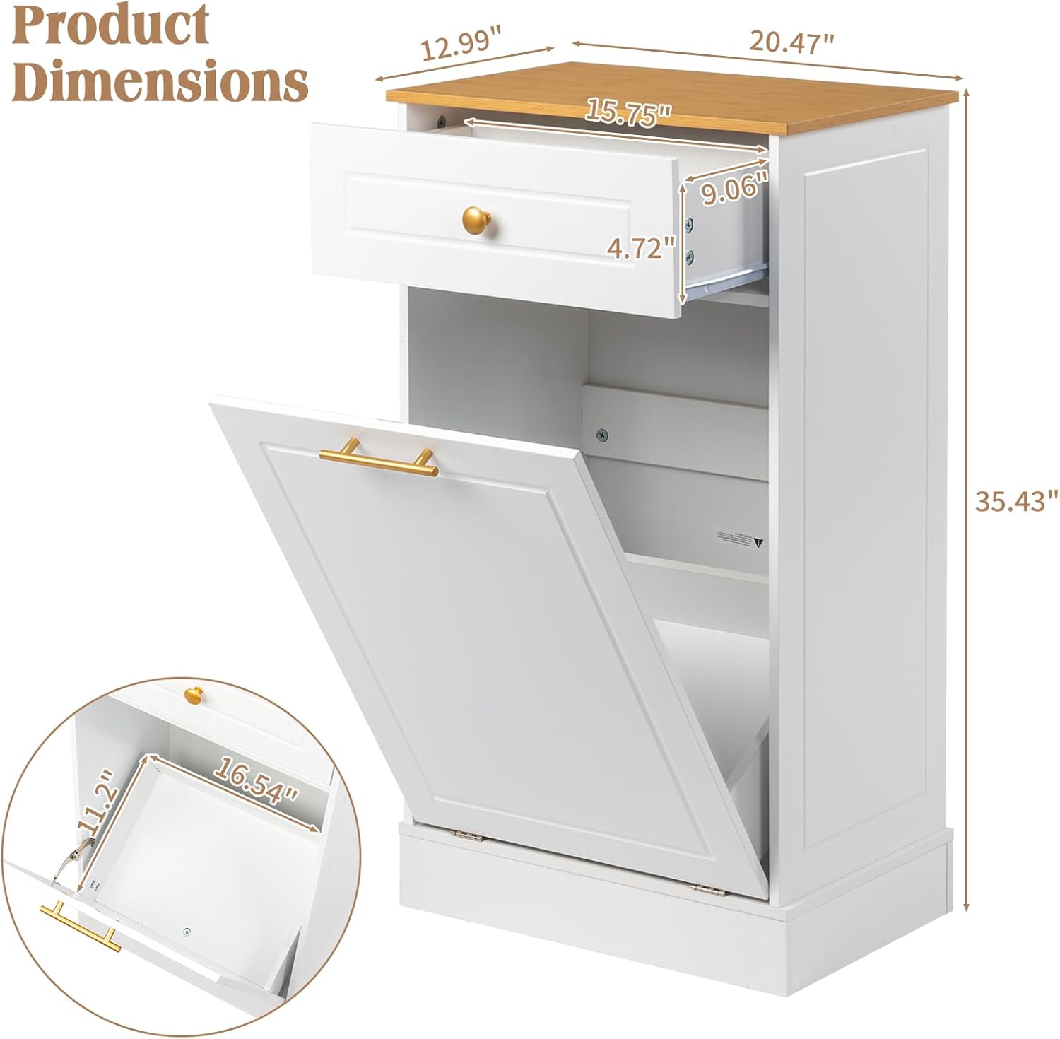 Karl home Tilt Out Laundry Hamper Cabinet with Drawer, White F817