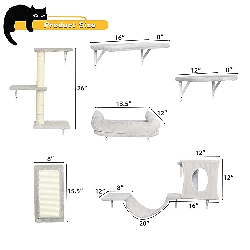 Wall Mounted Cat Furniture 6pc Set with Cat House, Bridge, Steps and Scratcher - Grey M97375