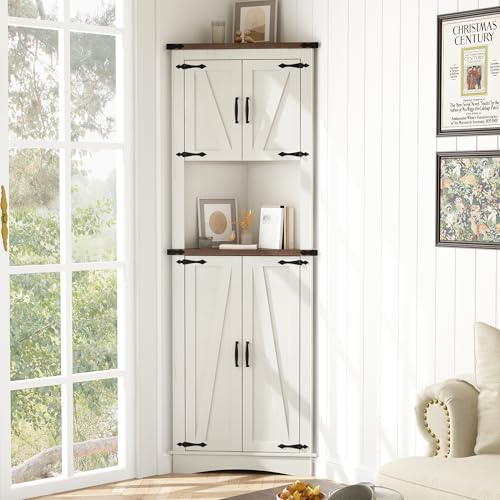68" Tall Farmhouse Corner Cabinet with 4 Doors and Adjustable Shelves, Antique White C820