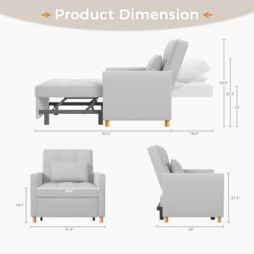 Esright Sleeper Chair 3-in-1 Convertible Sofa Bed with Throw Pillow, Light Grey V809