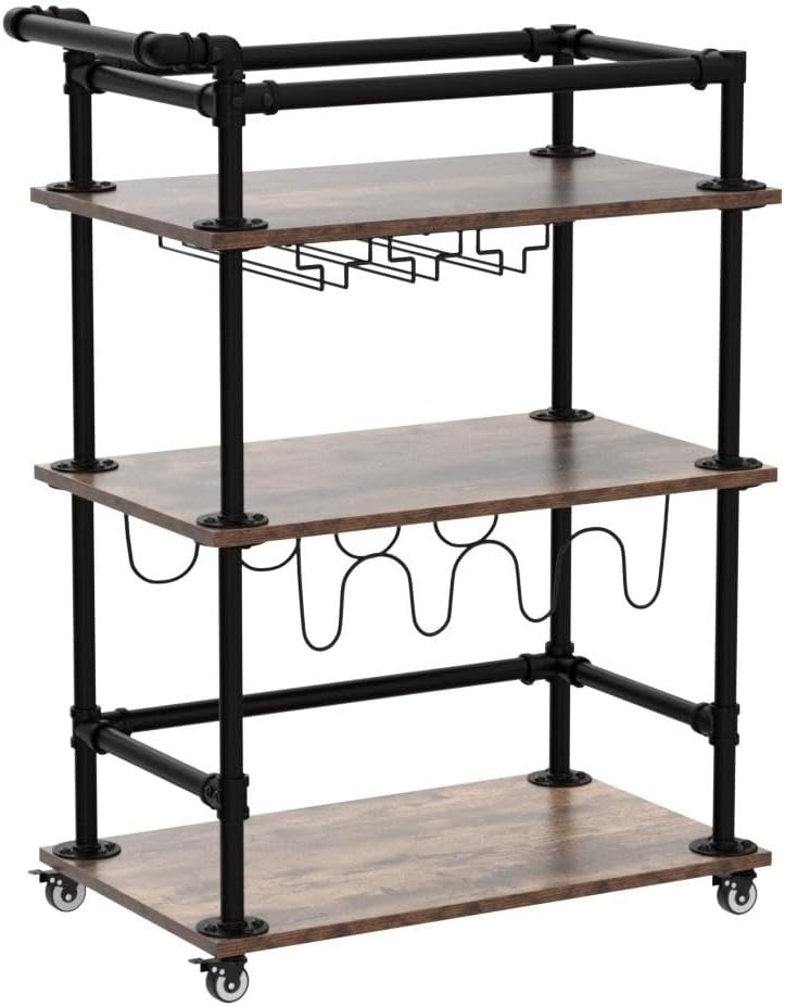 AA Products Inc. 3-Tier Industrial Bar Cart with Wheels and Wine Rack C3454