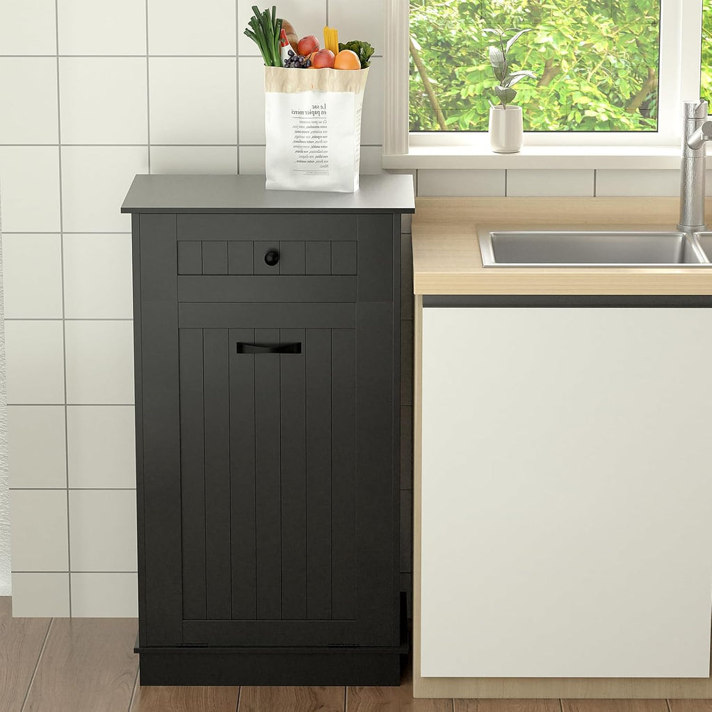 10 Gallons Tilt Out Trash Bin Cabinet, Wooden Garbage Can Cabinet for Kitchen, Tilt Out Laundry Hamper Cabinet, Dog Proof Trash Cabinet Can Free Standing Holder, Black