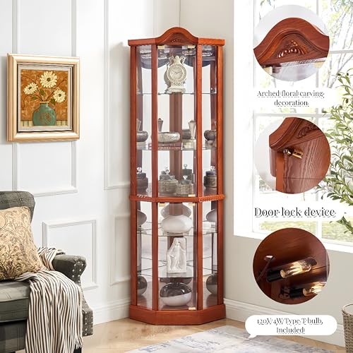 Lighted Wooden Corner Curio Cabinet with Mirrored Back Panel, Oak G629